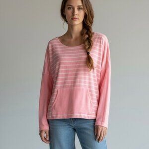 NWT Vintage Havana Pink Terry Striped Sweatshirt Sz L Front Pocket Dopamine